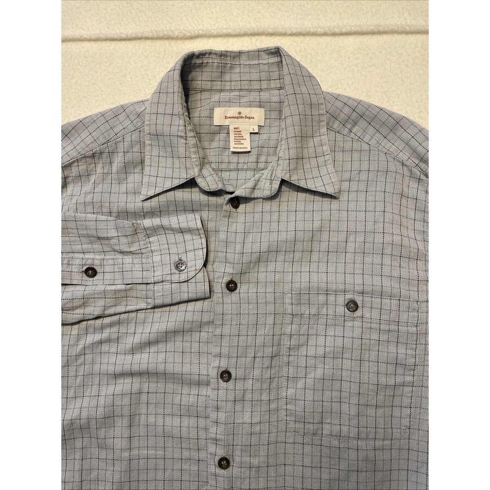 Ermenegildo Zegna Button Up Shirt Mens Size L Plaid Long Sleeve Blue Cotton